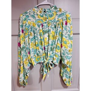 Rachel Roy Womens Blouse Size Large Cropped Tie Front Ballon Sleeves Relaxed